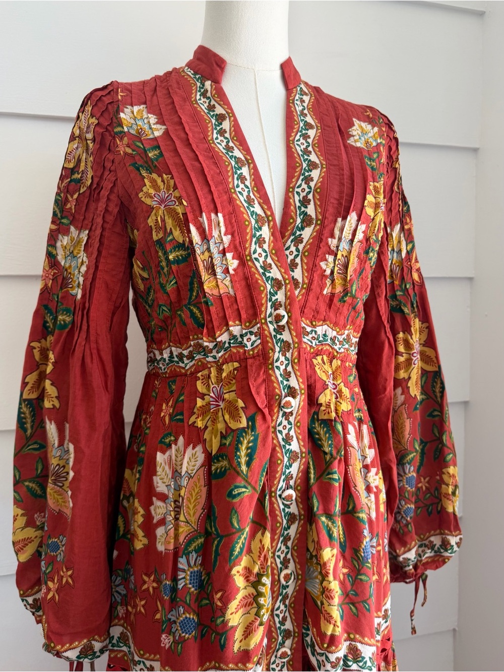 Farm Rio Red Garden Delight Long Sleeve Midi Dress size M runs small - Picture 6 of 13